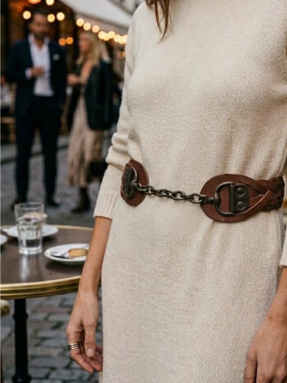 ALLSAINTS SPITALFIELDS CHAIN BUCKLE LEATHER BRAIDED BELT SIZE M/L BROWN ITALIAN